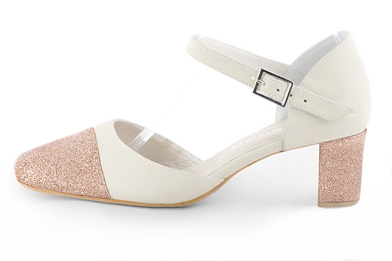 Powder pink and off white women's open side shoes, with an instep strap. Round toe. Medium block heels. Profile view - Florence KOOIJMAN